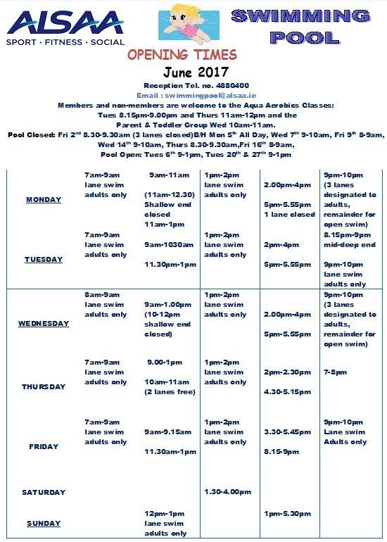 June Pool Timetable ALSAA